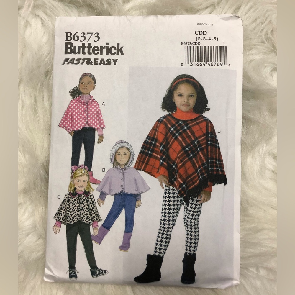 NEW Butterick B6373 Sewing Pattern Children’s Sizes 2-5 Ponchos And Capes